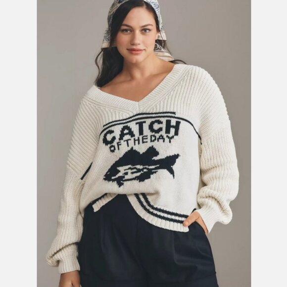Anthropologie Maeve Nautical Linen-Blend Catch Of The Day Fish Sweater XL NWT - Picture 6 of 9